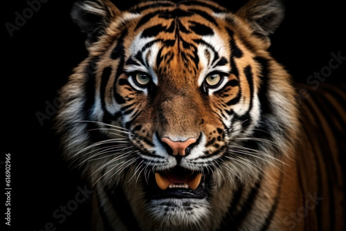 Generative AI - Roar of the Wild  Dominant Tiger Stalking Out of the Dark with Piercing Eyeshine