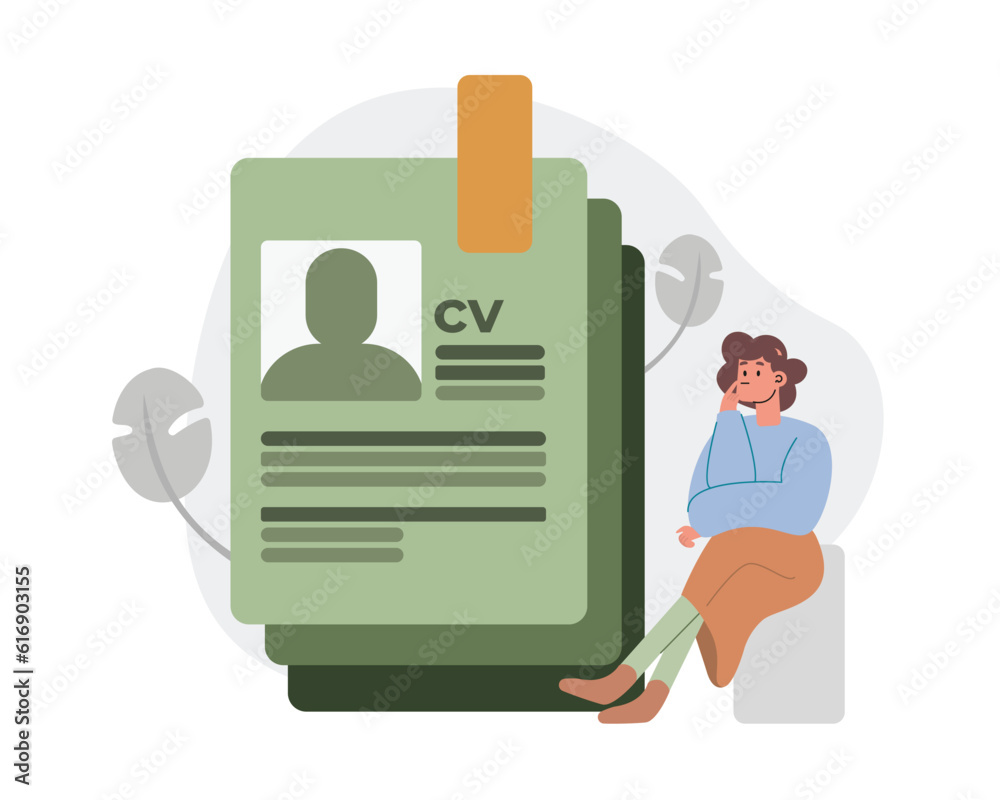 HR sitting in the office and looking at big CV of candidate, making decision on hiring an employee in company. Human resource management. Flat vector illustration in blue and green colors HR sitting in the office and looking at big CV of candidate, making decision on hiring an employee in company. Human resource management. Flat vector illustration in blue and green colors