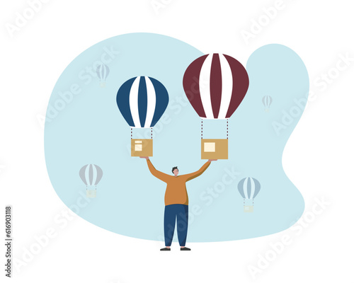 Express delivery system. Courier service employee launching several air balloons with cardboard boxes packed with merchandise. Flat vector illustration