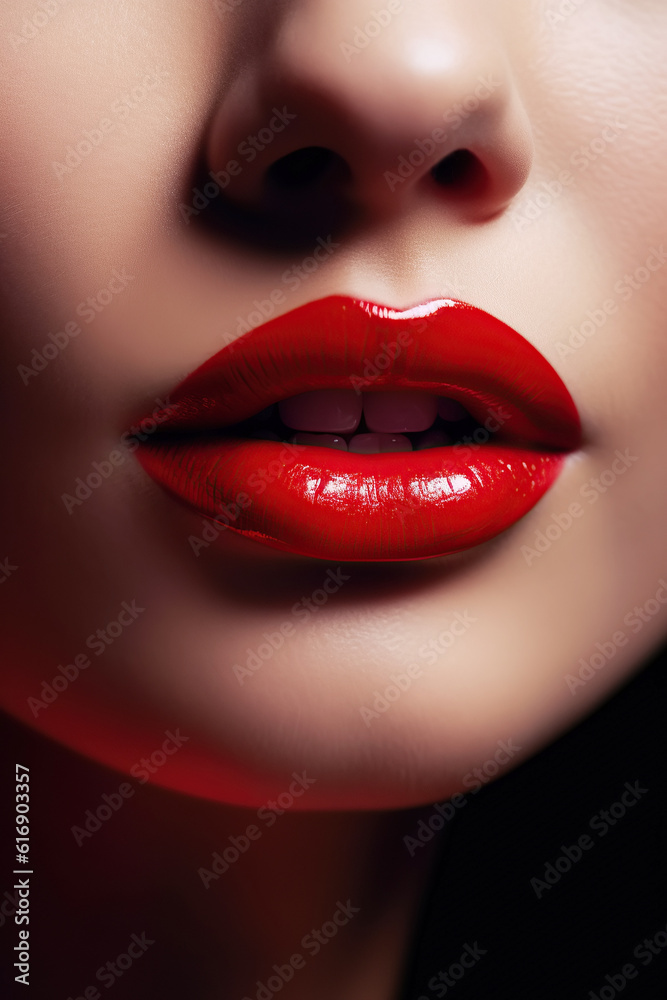 women's lips with red lipstick and an open female mouth with white teeth macro. Concept of beauty. Generative AI women's lips with red lipstick and an open female mouth with white teeth macro. Concept of beauty. Generative AI