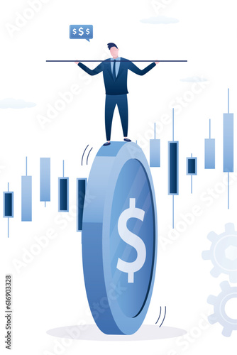 Confident investor balancing as acrobat on giant dollar coin. Investment risk, money management, balance between risk and return, businessman overcoming volatility and make profit.