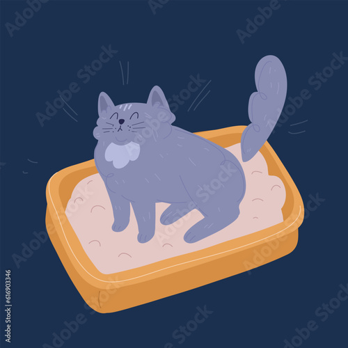 Cartoon vector illustration of cat pooping in litter box. Cute and funny kitty drawing.