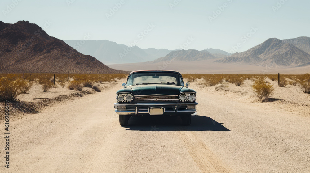 Classic car parked on deserted road in the desert