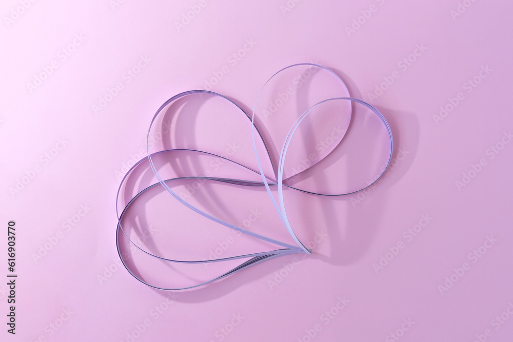 Creative abstract shape, purple dynamic curve flexible lines connected together on pastel pink gradient background. Diversity, connection, flexibility, creativity concept