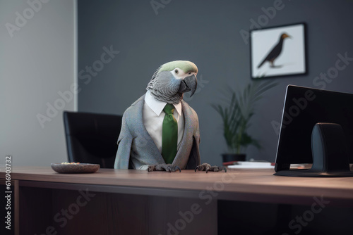 Cute funny parrot bird in business suit working in office