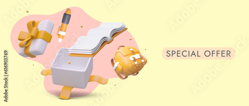 Special offer. Stationery set of your favorite brand. 3D gift box, pen, book, backpack. Accessories for schoolchildren, students. Goods as gift, bonus program