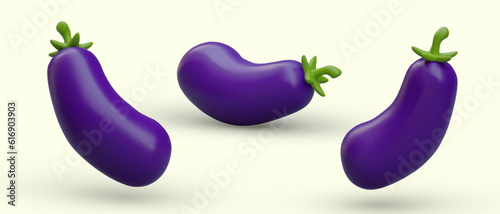 Realistic purple eggplants with shadows. Set of ripe vegetables in different positions. Natural food ingredient for vegetarian meal. Vector illustration