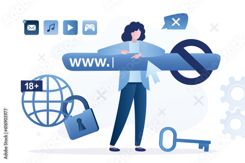 System administrator hold internet address bar. Parental control. Government ban or ISP restrictions. Blocked, prohibited or inappropriate content for kids. Access restrict online.