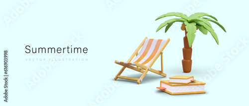 Lazy summer vacation. Reading book in deck chair under palm trees. Color poster with cartoon 3D illustration. Advertisement for recreation at resort. Poster for web design