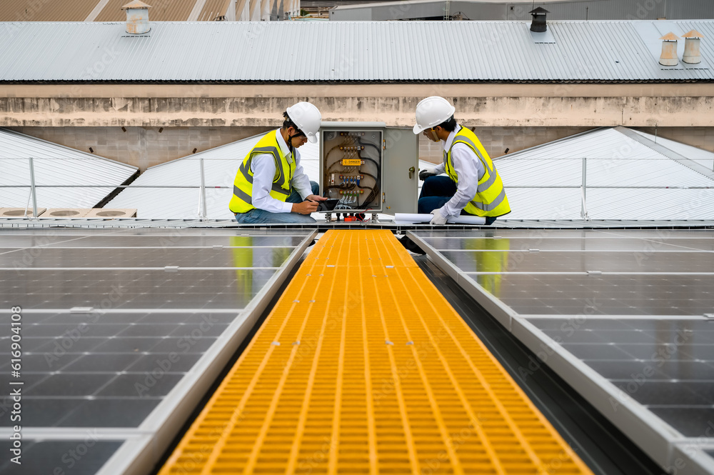 custom made wallpaper toronto digitalProfessional engineers and Specialist technicians check quality of electric wiring in panel control and check current power capacity of solar photovoltaic panels with technology apps on tablet.