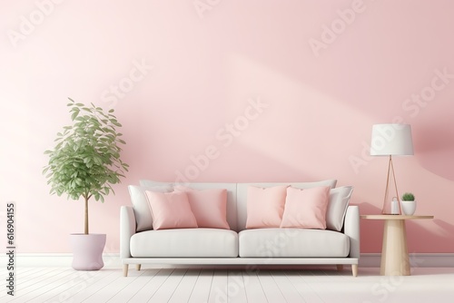 Modern sofa on light pink wall background with trendy home accessories, home decor interior, luxury living room,Generative AI © abstract Art