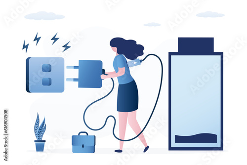 Overworked businesswoman plug electric to recharge energy. Recharge yourself, recover after hard work. Exhausted or burnout worker woman with cable and electric socket,
