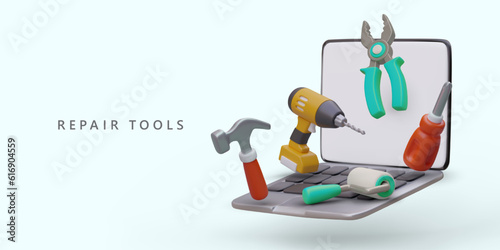 Repair tools. Online store, large assortment. 3D open laptop, roller brush, screwdriver, pliers, hammer, cordless drill. Remote selection, non cash payment. Color modern advertising poster