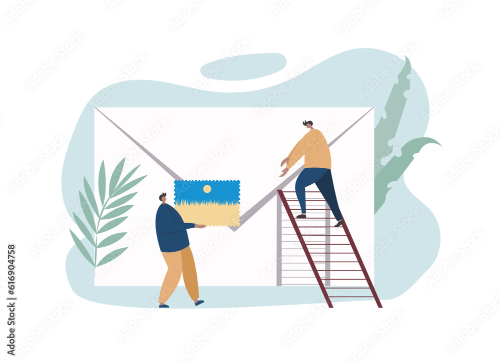Mail collection and delivery system. Young mailman standing on ladder and reaching for large envelope in male colleague hands. Flat vector illustration