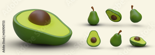 Set of 3D ripe avocados with pit. Whole fruit, cut, view from different sides. Green alligator pear with stem. Isolated vector image. Realistic avocado with shadows