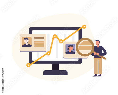 Human resource worker holding magnifying glass and looking at resume of different workers on monitor. Professional man from recruitment company hiring candidates. Flat vector illustration