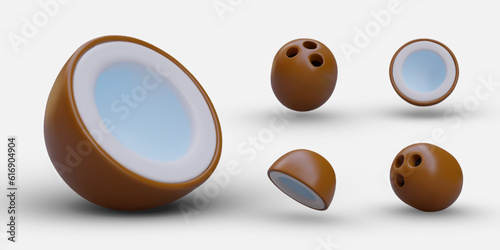 Set of 3D coconuts in cartoon style. Whole and half ripe coconuts. Brown tropical nuts, white center. Isolated vector images for cooking sites, apps with diet recipes