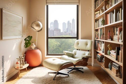 Interior of a large modern living room or home library with white and wooden walls, wooden floor, comfortable armchair and bookcase, generative AI