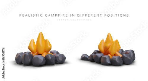 Tourist campfire in different positions. Camping, overnight stay in forest. Symbol of warmth, comfort. Isolated vector image on white background with shadows. Romance of tourism