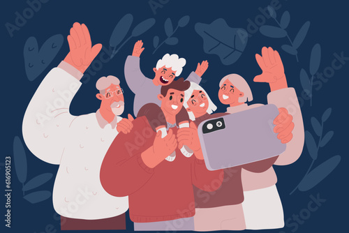Cartoon vector illustration of Happy family is taking photograph. Happy Members of Big Family Gathered Together, Making Selfie Photo, Shooting Group Portrait of Three Generations on Cellphone