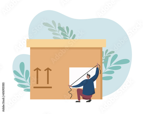 Postal service employee preparing package for distribution. Qualified post office worker measuring dimensions of cardboard box. Flat vector illustration