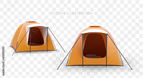 Isolated image of tents. Cozy mobile tourist house with supports and stretchers. Sheltered camping sleeping place. Easy setup. 3D illustration. Active recreation in nature