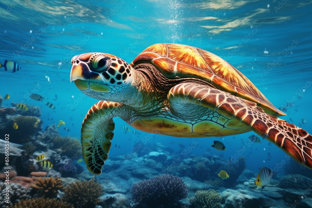 Fototapeta premium Sea turtle under water natural sea life with corals