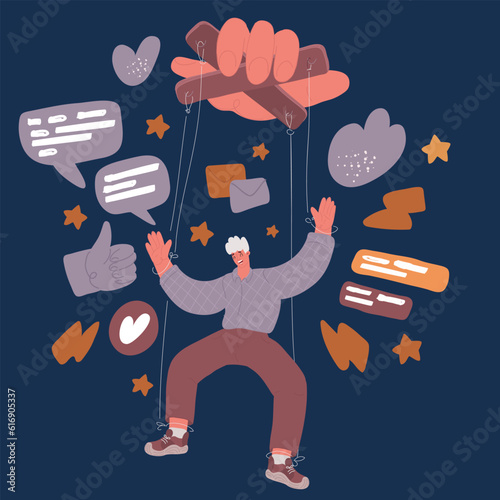 Cartoon vector illustration of Business manipulation and control of worker concept. Bad ethics and morals, corruption. Businessman puppet on strings.