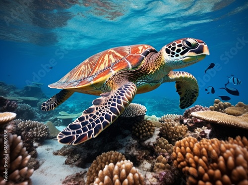 Sea turtle under water natural sea life with corals