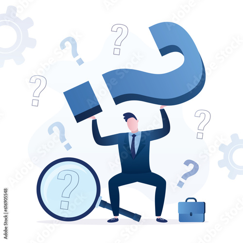 Thinking businessman, heavy pressure and workload. Worker man or employee holds or tries to lift giant question mark. Hard and difficult business solution. Job challenges and responsibilities.