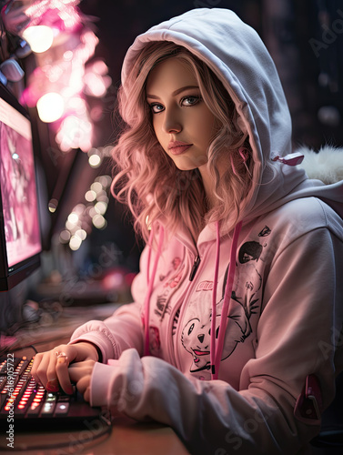 the anime girl in pink sits at her computer