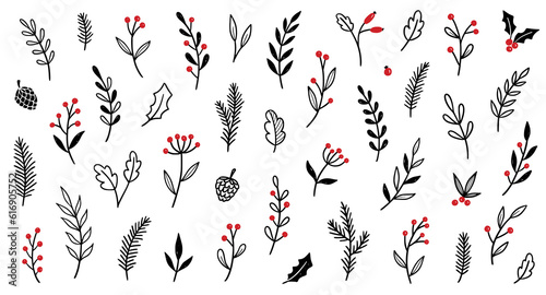 Christmas plant leaf, flower vintage set. Hand drawn doodle sketch holly floral, xmas tree leaves, winter branch elements. Holiday decoration, floral wreath sketch doodle. Vector illustration.