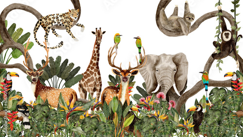 Canvas Print jungle with wild animals watercolor painting