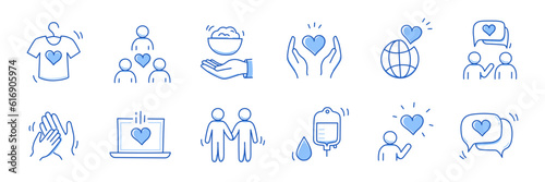 Charity hand, money, blood donation doodle line icon. Charity volunteer, support, blood donor concept icon set. Volunteer heart, donate food hand drawn doodle sketch style line. Vector illustration