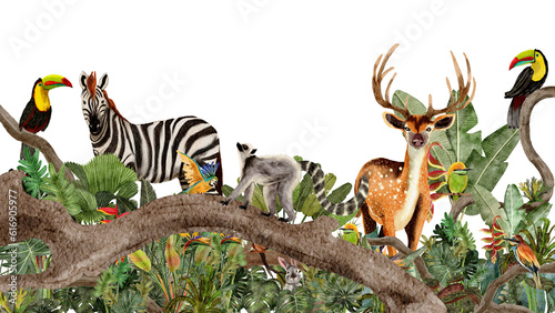 Photography jungle with wild animals watercolor painting