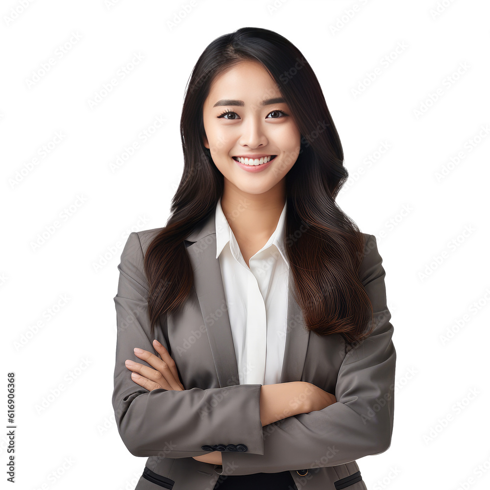 Young beautiful asian woman happy face smiling with crossed arms looking at the camera. Positive Successful businessman, isolated on white transparent background, ai generate Young beautiful asian woman happy face smiling with crossed arms looking at the camera. Positive Successful businessman, isolated on white transparent background, ai generate