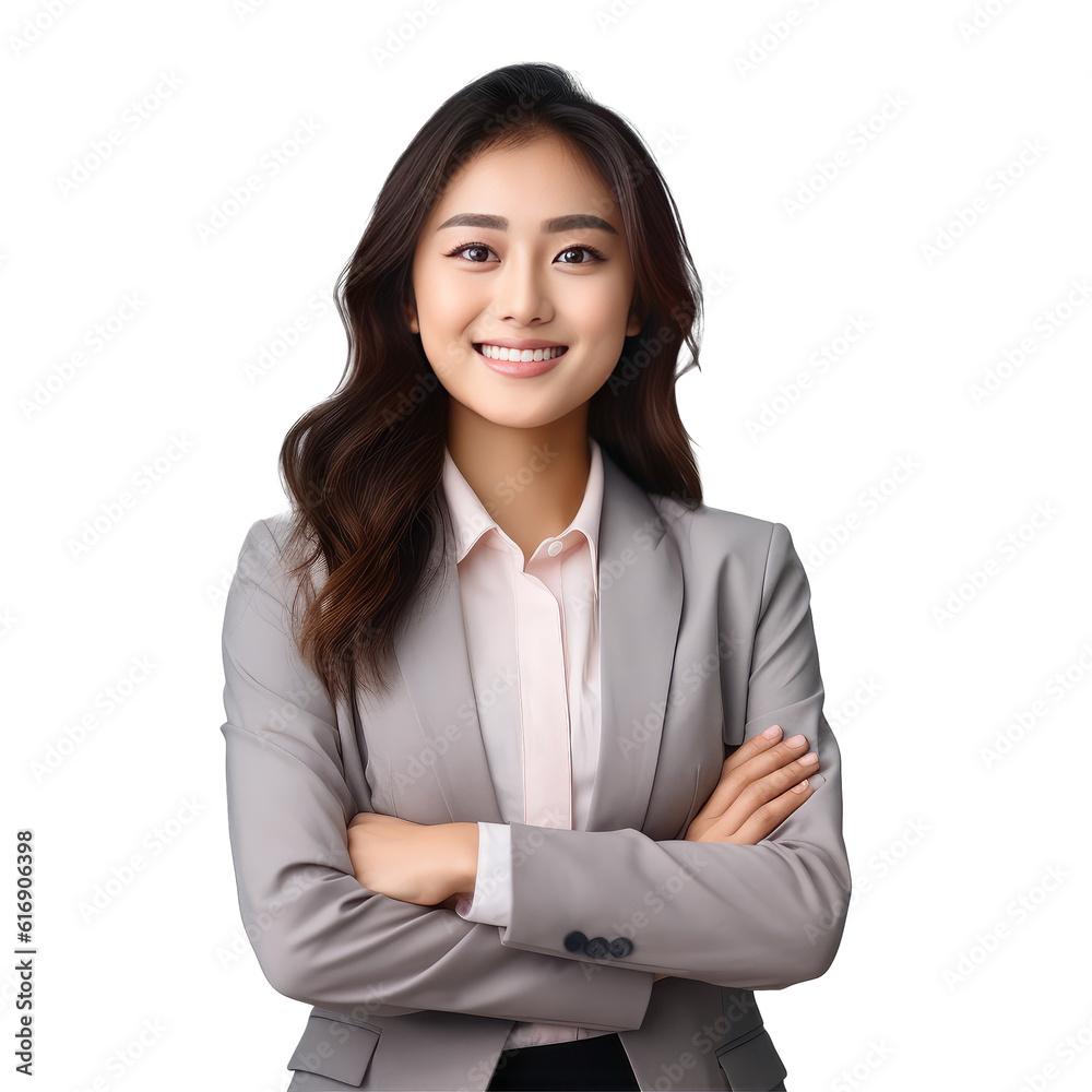 Young beautiful asian woman happy face smiling with crossed arms looking at the camera. Positive Successful businessman, isolated on white transparent background, ai generate Young beautiful asian woman happy face smiling with crossed arms looking at the camera. Positive Successful businessman, isolated on white transparent background, ai generate