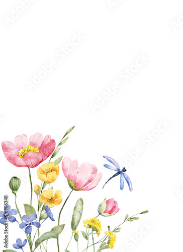 Fototapeta Naklejka Na Ścianę i Meble -  Watercolor flowers, floral background for greeting card, invitation and other printing design. Isolated on white. Hand drawing.