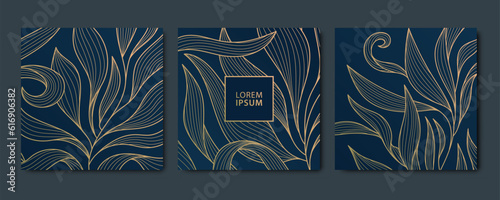 Vector set of leaf gold patterns, art deco luxury square cards. Wavy art deco floral banners, package, bakgrounds, fancy design.