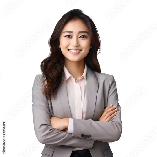 Young beautiful asian woman happy face smiling with crossed arms looking at the camera. Positive Successful businessman, isolated on white transparent background, ai generate