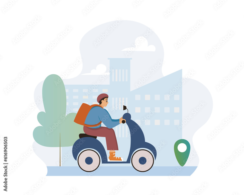 Speed home delivery on eco transport. Calm young courier with backpack on back arriving at point of destination on motorbike. Flat vector illustration