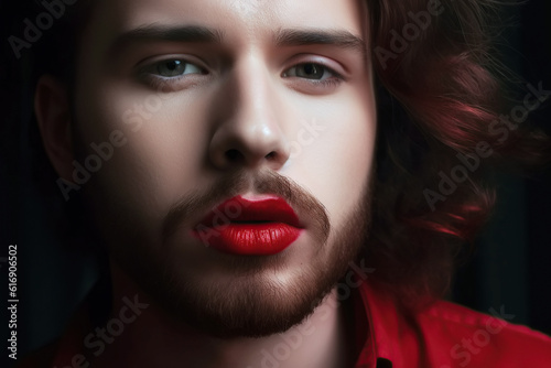 transgender gay man with red lipstick lips. Male bearded face with makeup. Generative AI