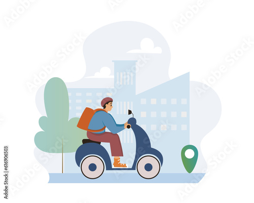 Speed home delivery on eco transport. Calm young courier with backpack on back arriving at point of destination on motorbike. Flat vector illustration