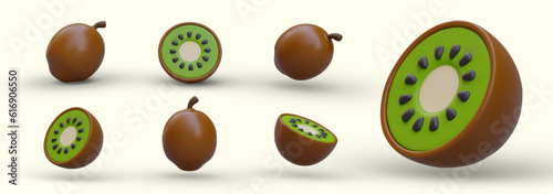 Set of 3D ripe kiwis. Whole and half fruits. Volumetric color illustrations from different sides. Vector tropical fruits on light background with shadows. Sweet juicy organic food