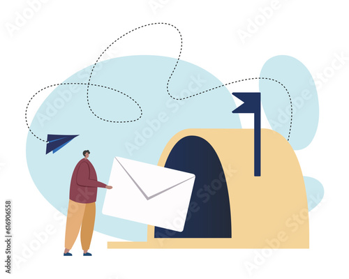 Mail delivery process. Adult person sending message by airmail. Young mailman placing letter in envelope into open large postbox. Flat vector illustration