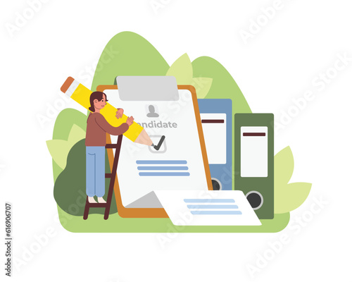 Cartoon girl signs contract for position at work. Process of selecting resumes of seekers and offering job. Human resource management. Vector illustration