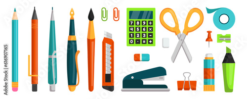 School supplies. Cute stationery. Pen and pencil. Study tongs. Stapler and glue. Adhesive tape. Scissors or highlighter marker. Education elements set. Vector tidy minimal illustration