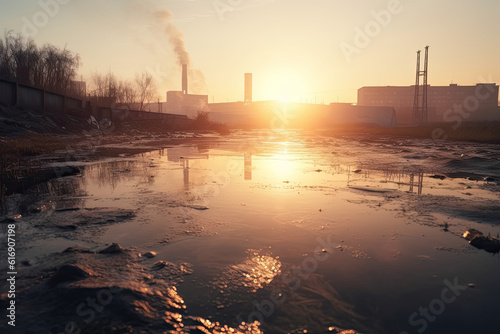 Polluted river during sunrise.AI generative