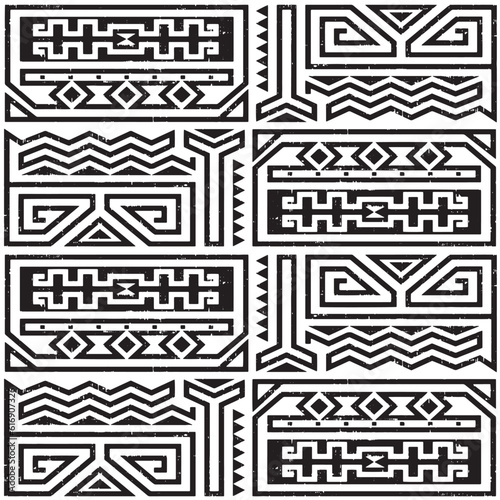 Tiki background design. Seamless ethnic and tribal pattern. Handmade. Horizontal stripes. Black-and-white print for your textiles. Vector illustration.