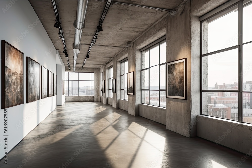 Interior of modern gallery with empty walls, concrete floor and paintings. Mock up